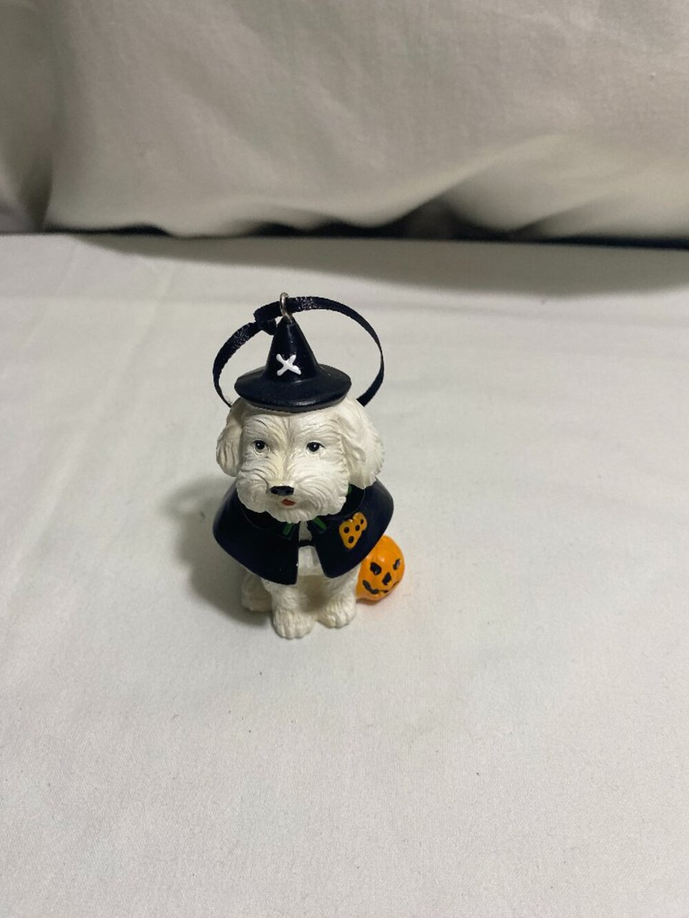 Halloween White Dog Witch Ornament Pumpkin Mini Resin Hanging Decoration 3"